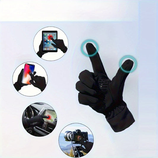 Black touch screen glove with finger tips highlighted on a light blue background