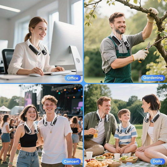 Man wearing USB-powered neck fan outdoors – portable and ideal for travel or walking