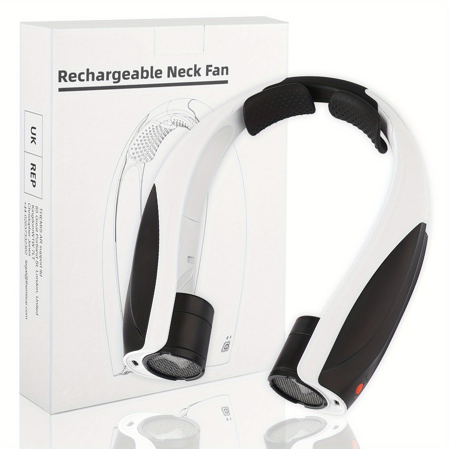 Cooling fan with neck support. Large and comfortable. Easily adjust the intensity of the wind blowing around your neck and face.