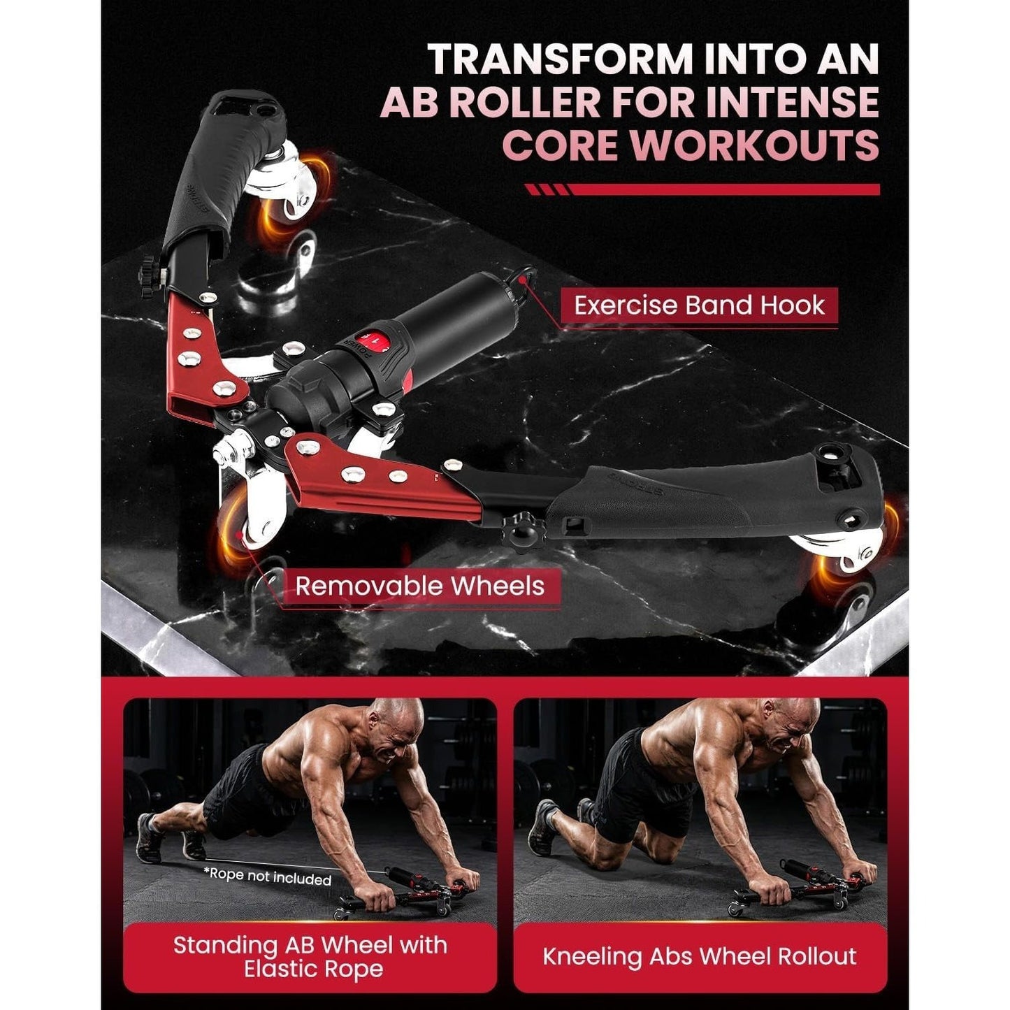 Multifunctional exercise wheel with attachments on a dark background