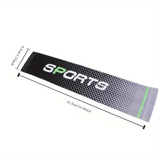 Black sports towel with 'SPORTS' text and measurements on a white background