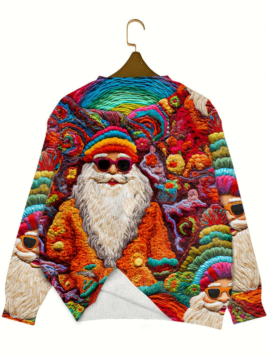 Women's Festive Christmas Sweater - 3D Thin Round Neck Top with All-Over Santa