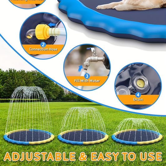 Pet cooling pad with connection hose, filling instructions, and three sprays on grass.