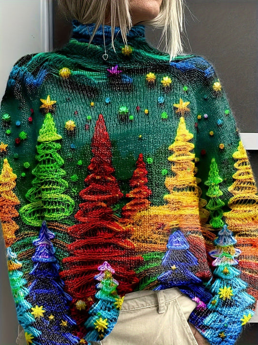 Christmas Tree Tall Neck Sweater – Red & Green Holiday Edition