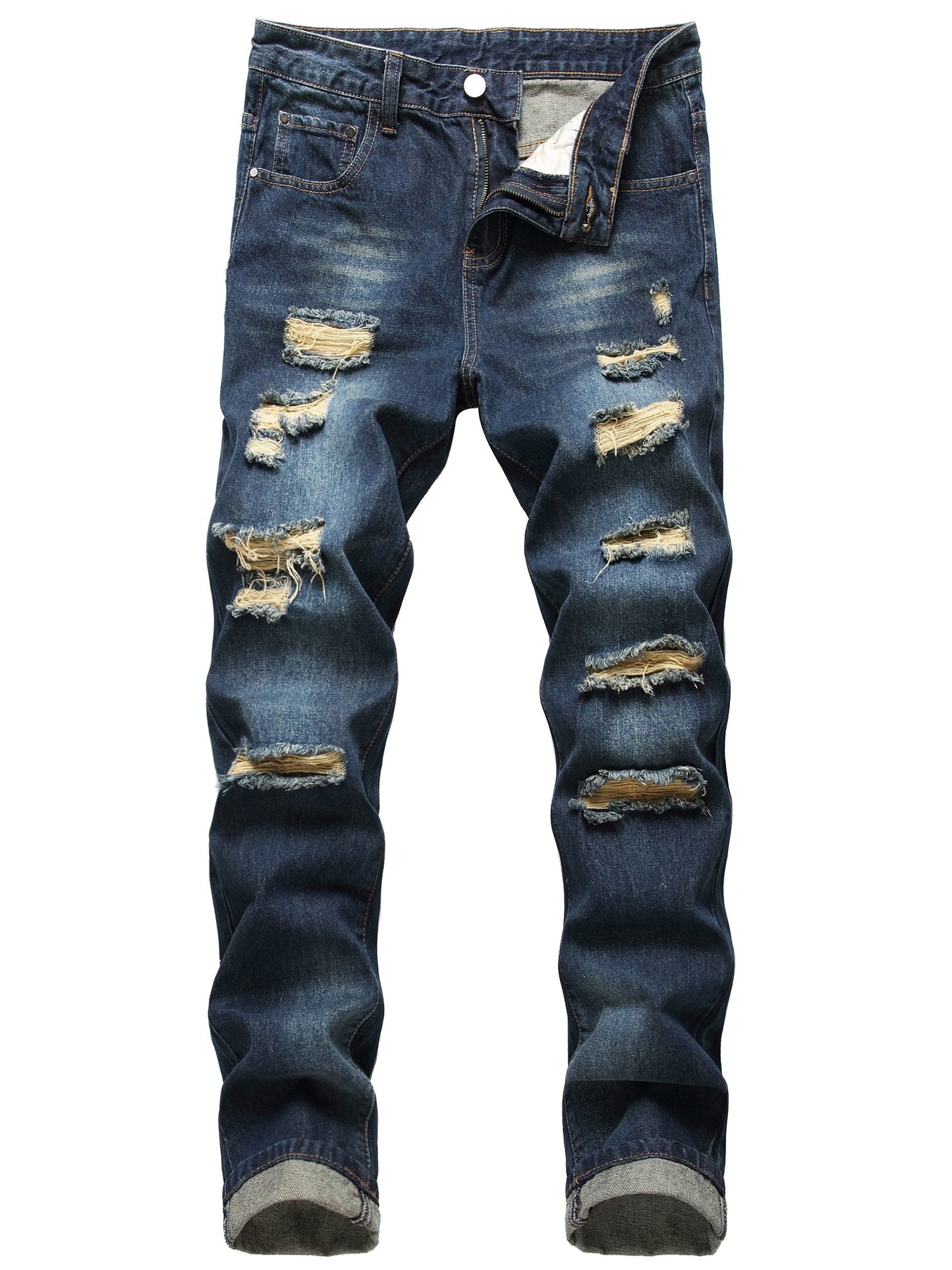 Men's Navy Blue Ripped Elasticity Skinny Wild Jeans