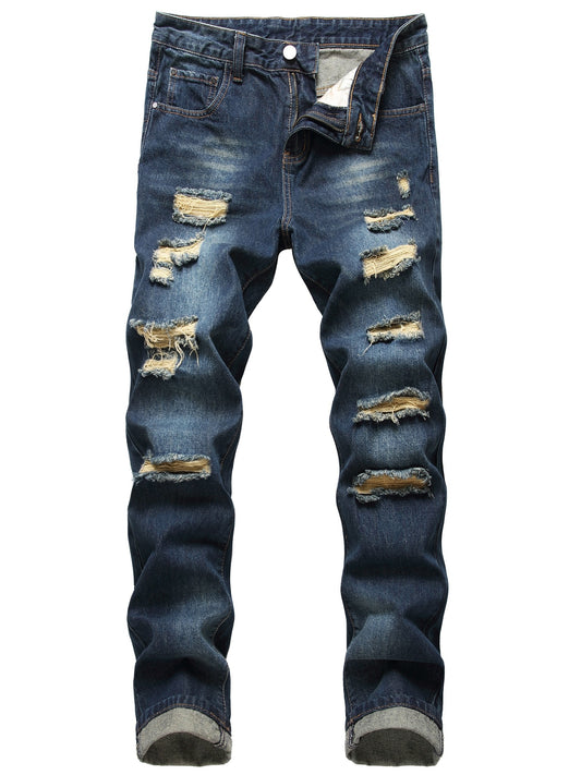 Men's Navy Blue Ripped Elasticity Skinny Wild Jeans