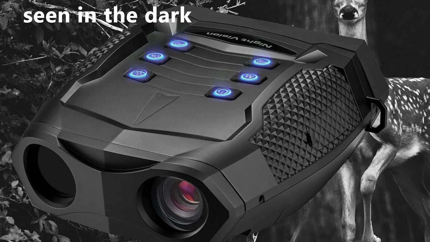 Infrared camera with deer in the background, highlighting its night vision capabilities.