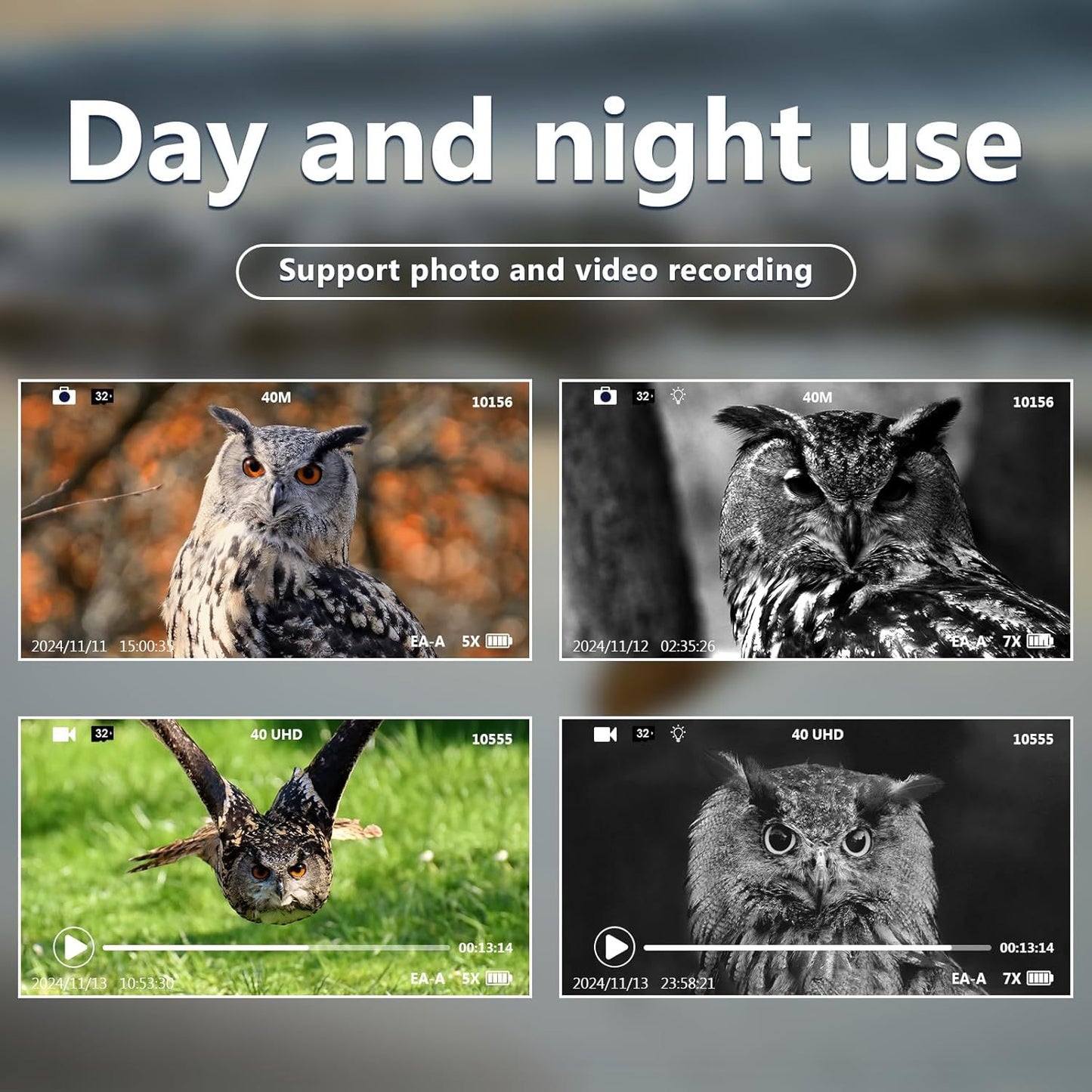 Collage of owls in different lighting conditions with text 'Day and night use' and 'Support photo and video recording'.