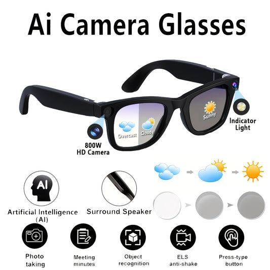 AI camera glasses with features highlighted on a white background