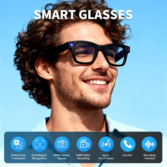 Man wearing smart glasses with a blue sky background and feature icons at the bottom.