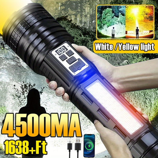 Handheld flashlight with multiple light modes, power indicator, and charging cable displayed against a natural background.