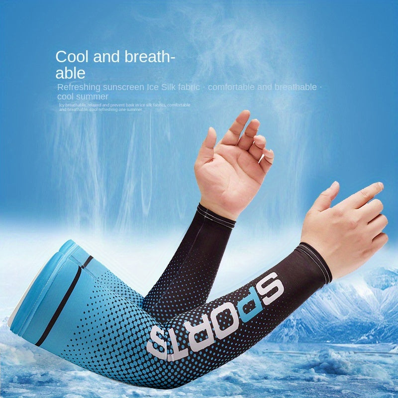 Arm wearing a blue and black sports sleeve with text 'Cool and breathable' on a blue background.