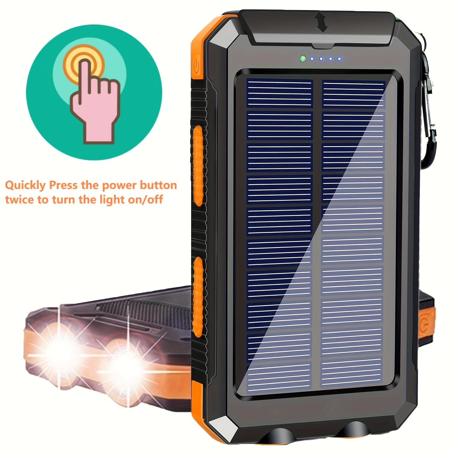 Portable solar charger has flashight with two modes.