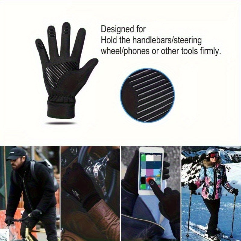 Black glove with text indicating its use for holding handlebars, steering wheels, or tools, shown in various scenarios.