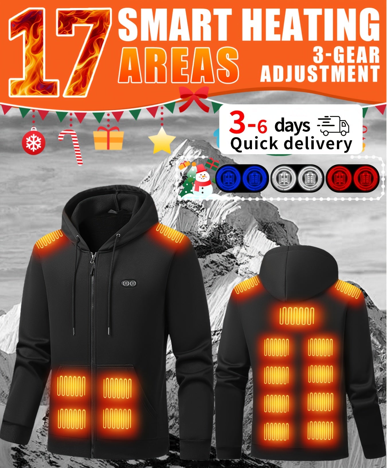 Black heated jacket with glowing heating elements on a mountain background