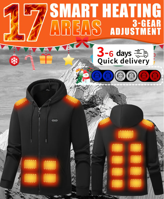 Black heated jacket with glowing heating elements on a mountain background
