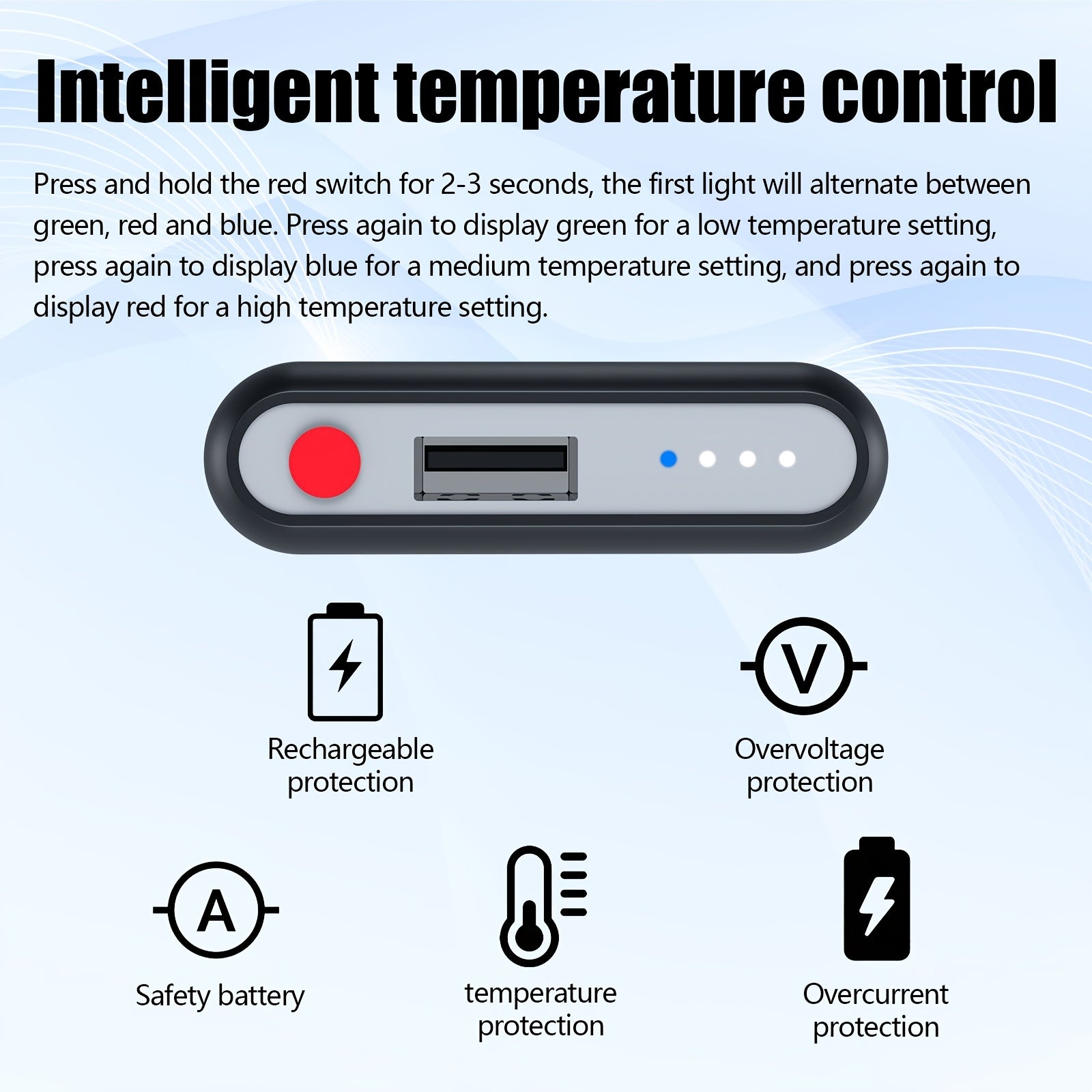 Intelligent temperature control panel with red switch, lights, and protective features on a light blue background.