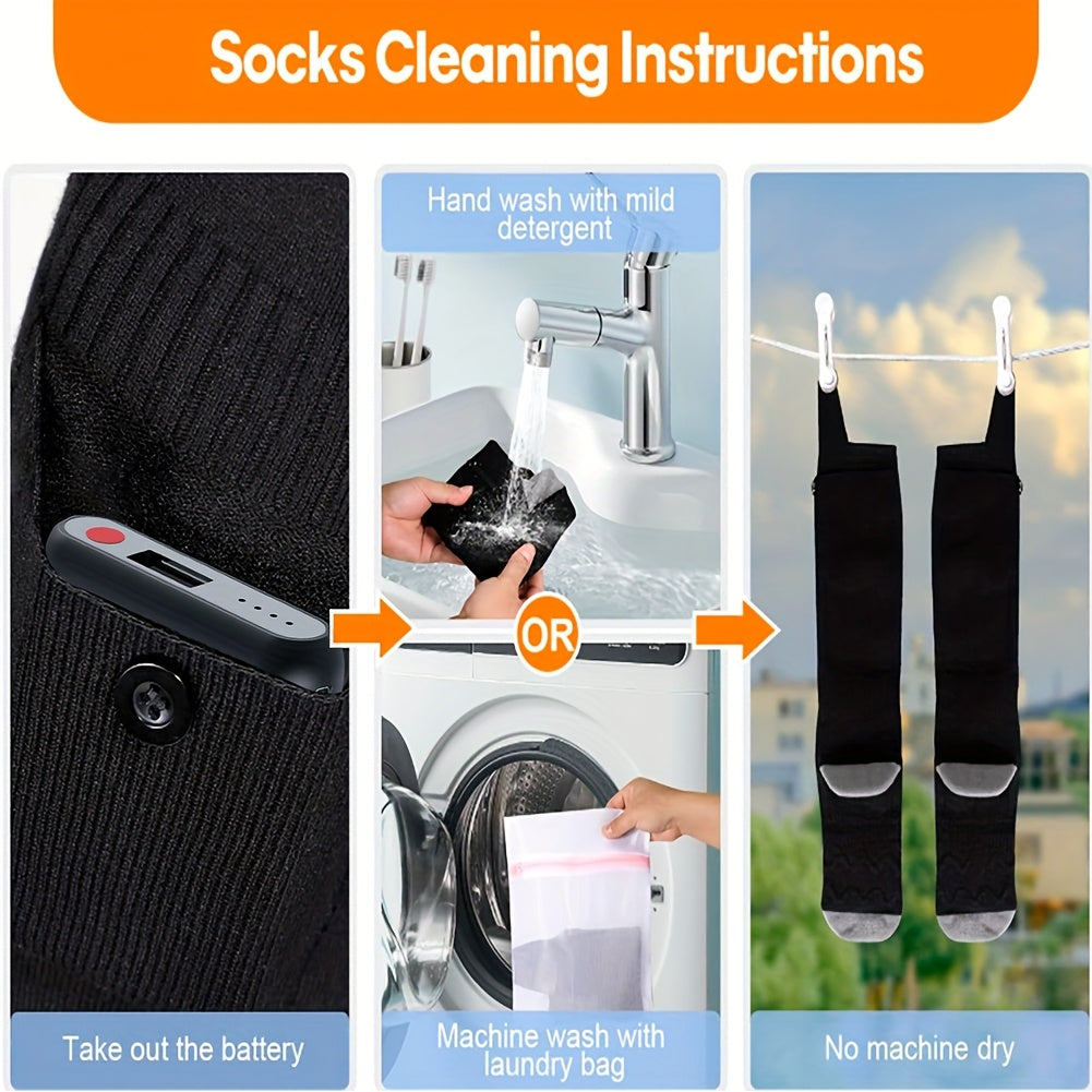 Instructions for cleaning socks with images of washing, drying, and taking out battery.