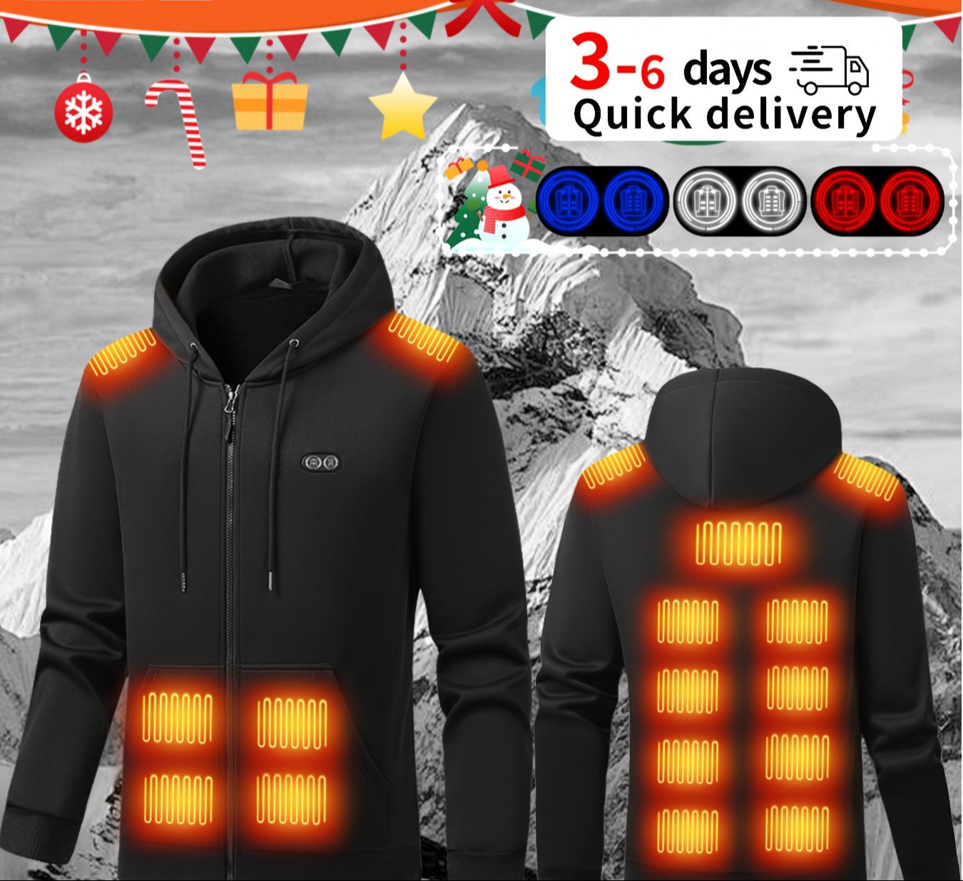 Black heated jacket with glowing orange heating elements on a mountain background