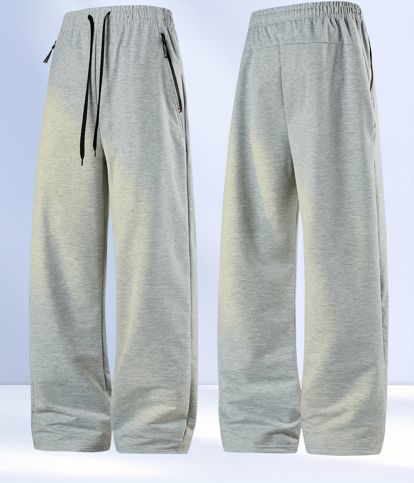 Men's joggers, running pants for any weather. Light Grey, front with draw string and back view.