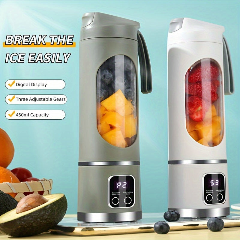 3 Adjustable gears. 450 ml Capacity. Blue Grey and White. On the go blender.