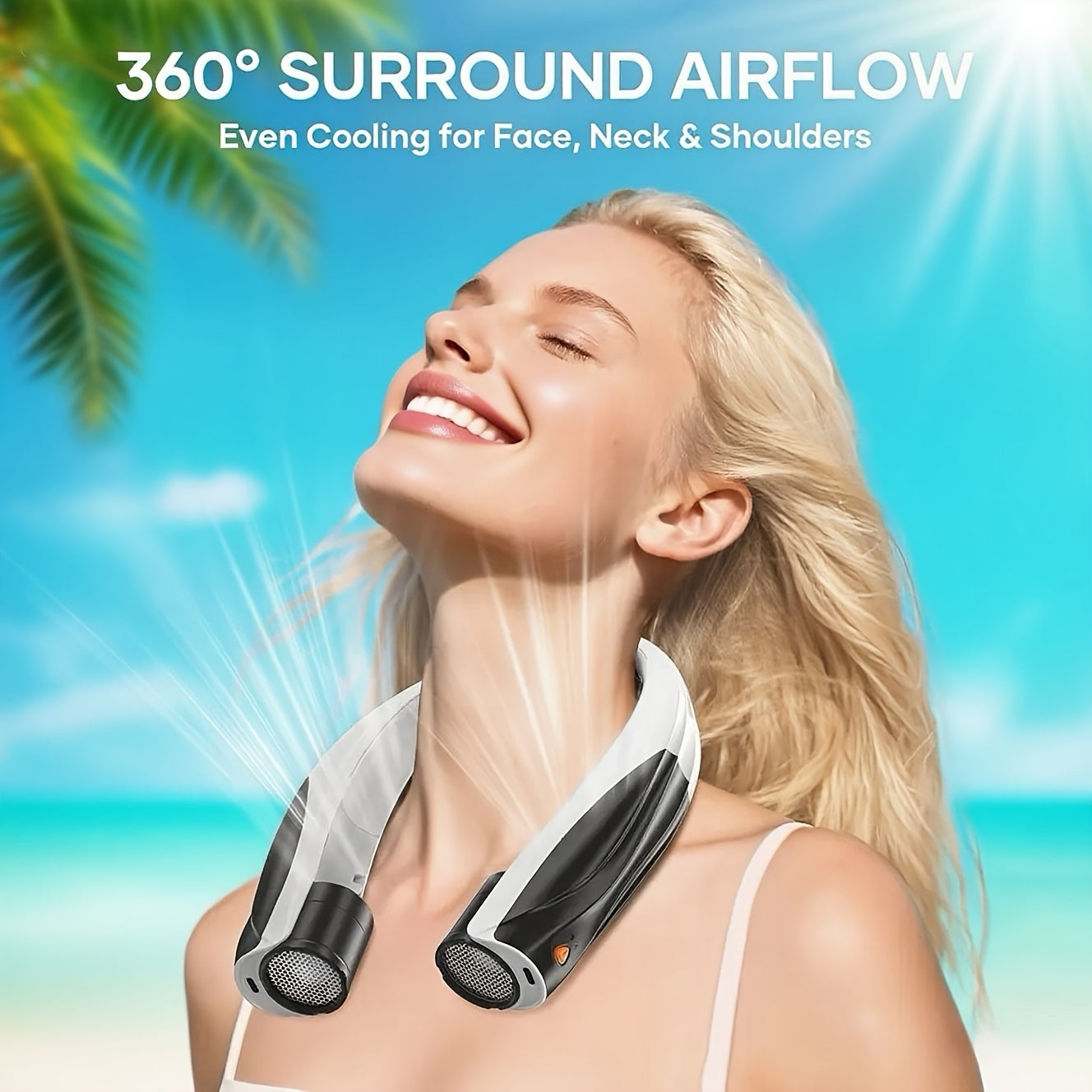Portable hands free neck fan. Great for cooling down on a hot day. Providing continuous air flow.