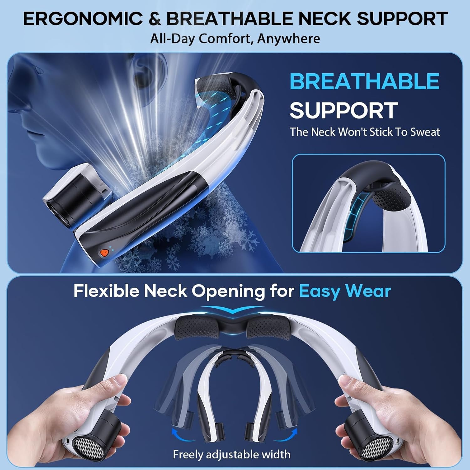  Hands-free wearable neck cooling fan with ergonomic rest – USB powered, portable, and lightweight.