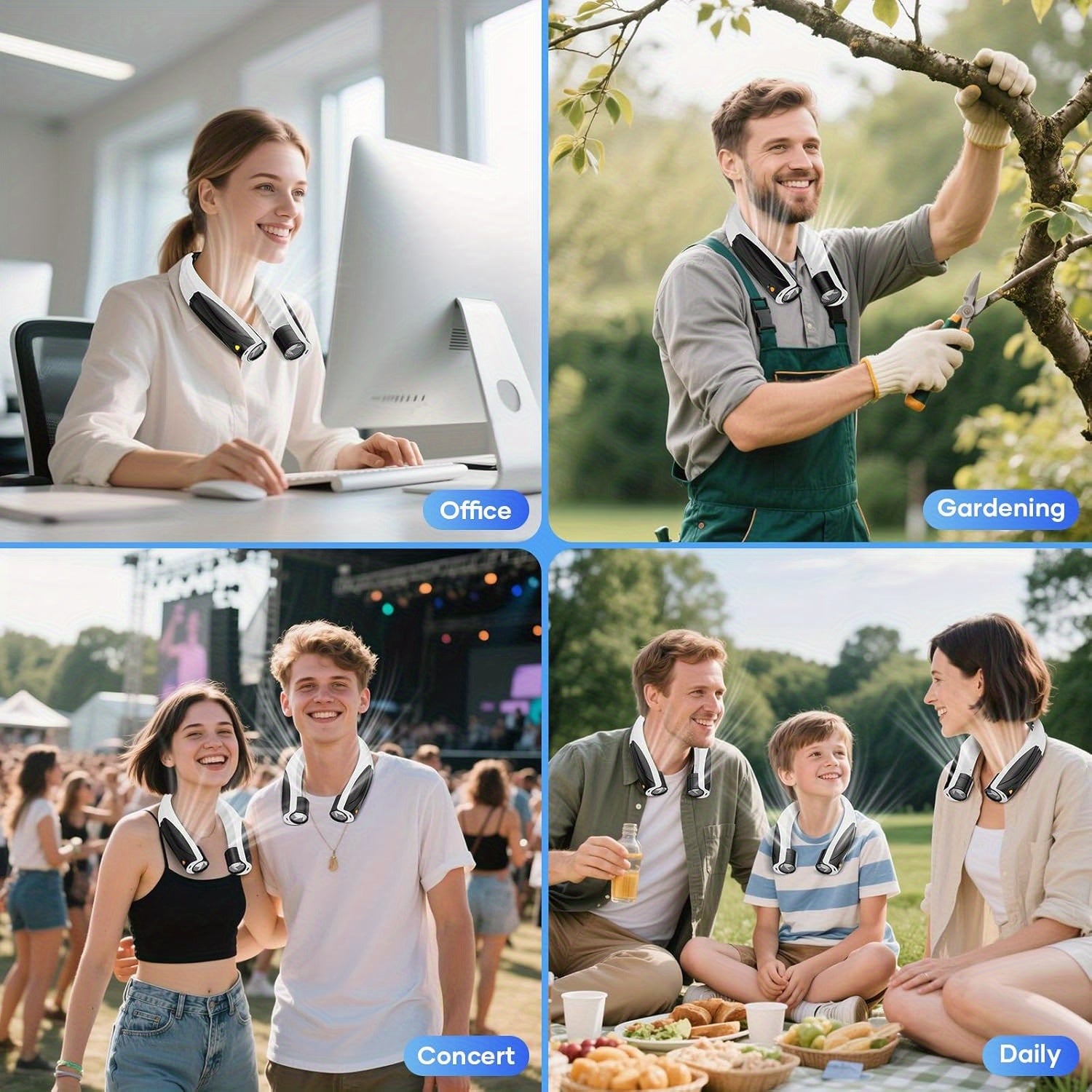  Man wearing USB-powered neck fan outdoors – portable and ideal for travel or walking