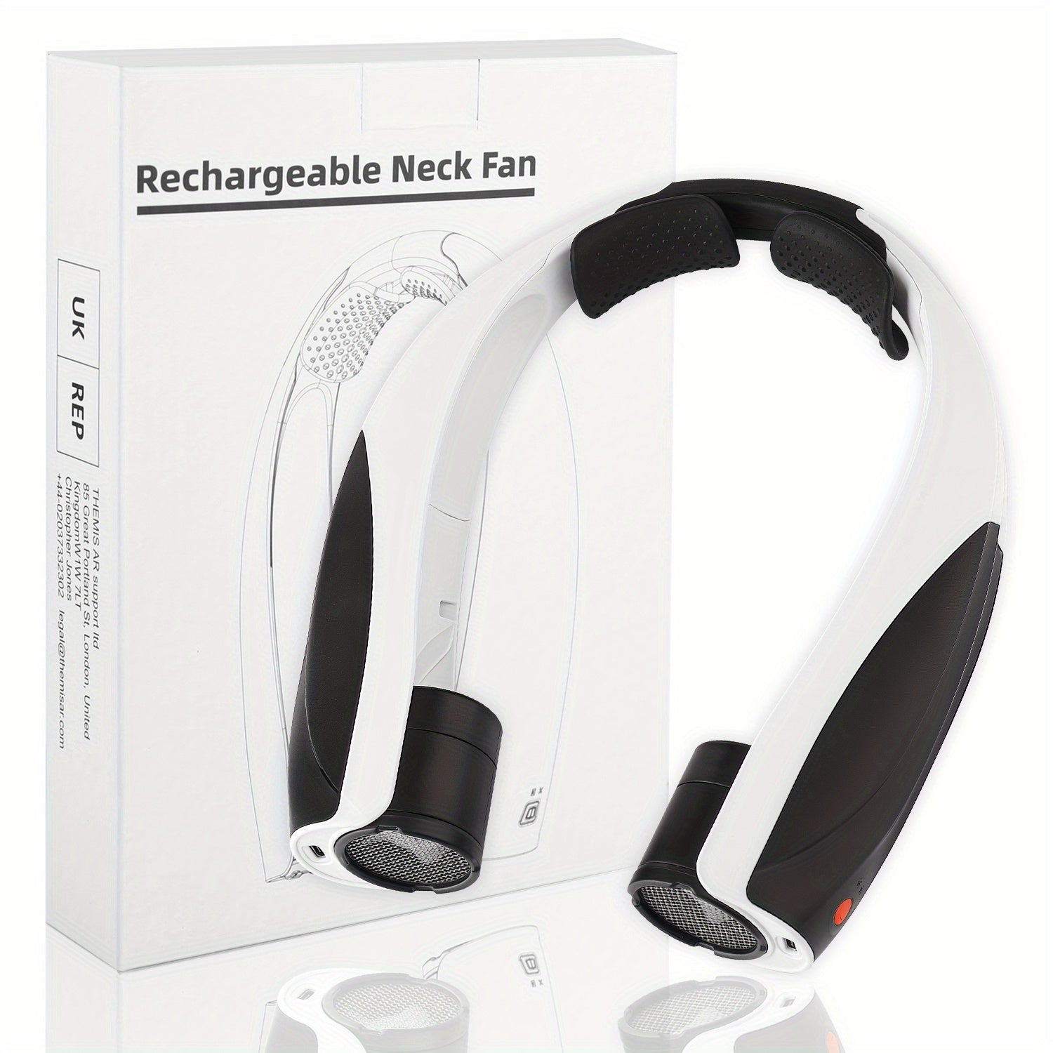 Cooling fan with neck support. Large and comfortable. Easily adjust the intensity of the wind blowing around your neck and face.