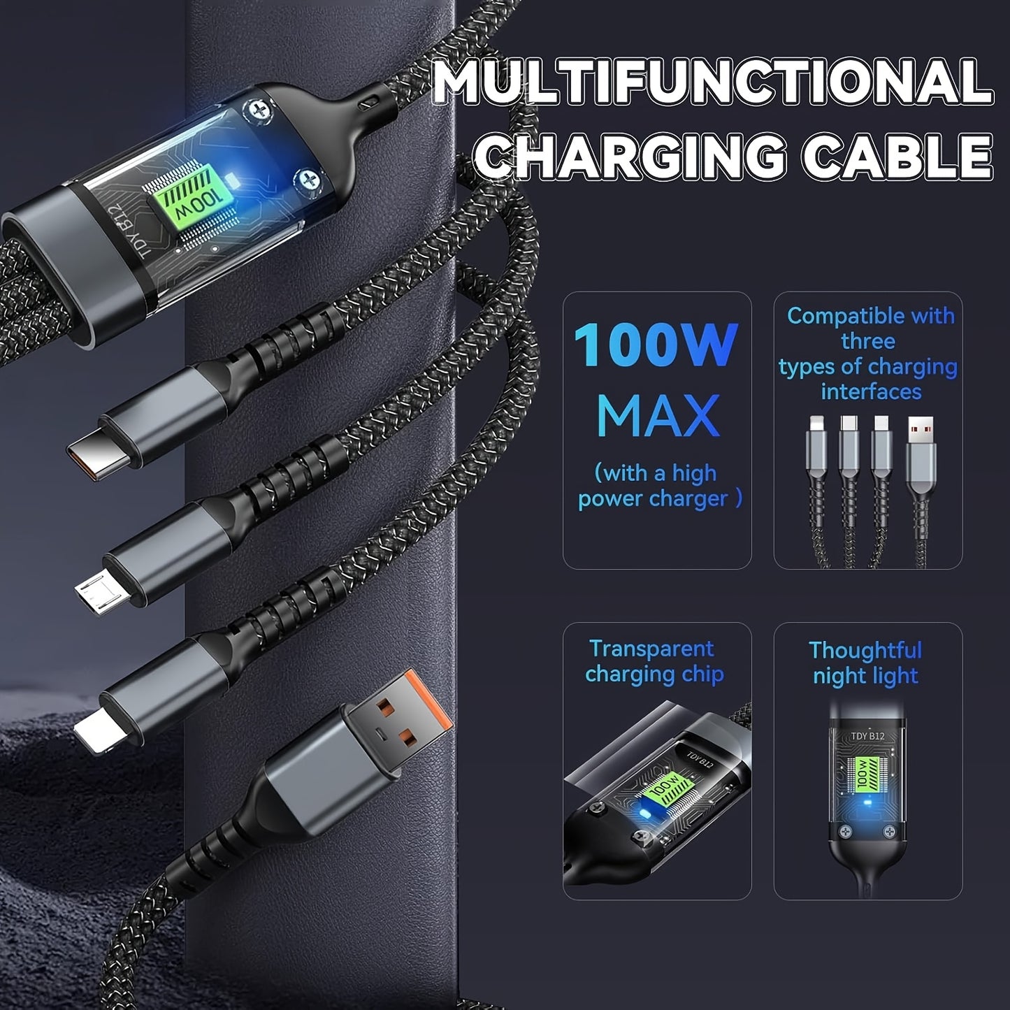 Multifunctional charging cable with multiple connectors on a dark background