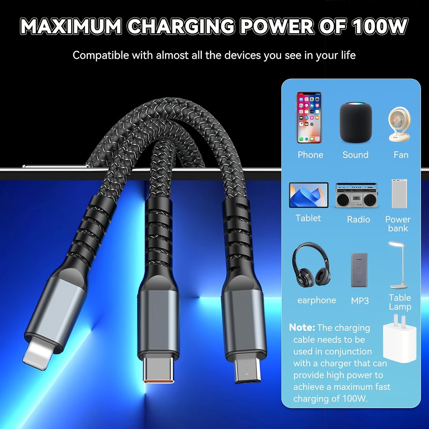 Multifunctional charging cable with three ports on a blue background, showing compatibility with various devices.