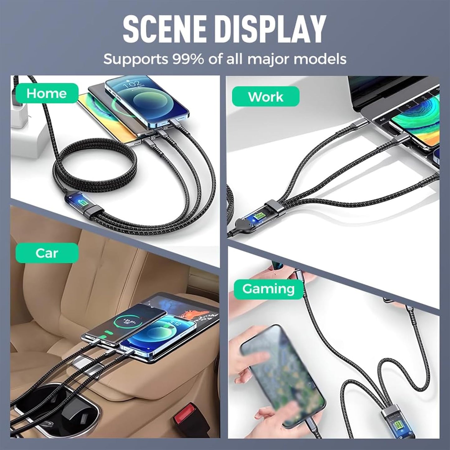 Multifunctional cable with various uses including home, work, car, and gaming.