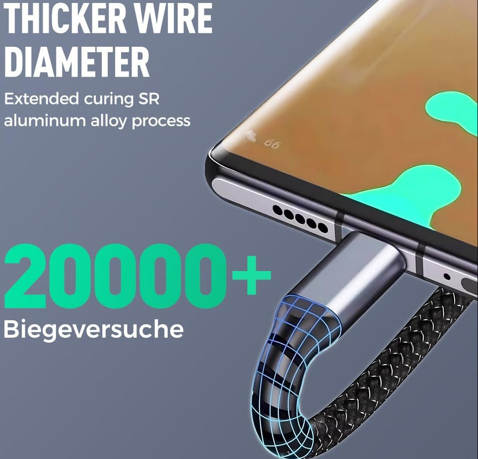 Phone cable with text about thicker wire diameter and durability testing on a gray background