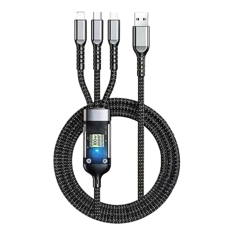 Multi-device charging cable with four ports on a white background