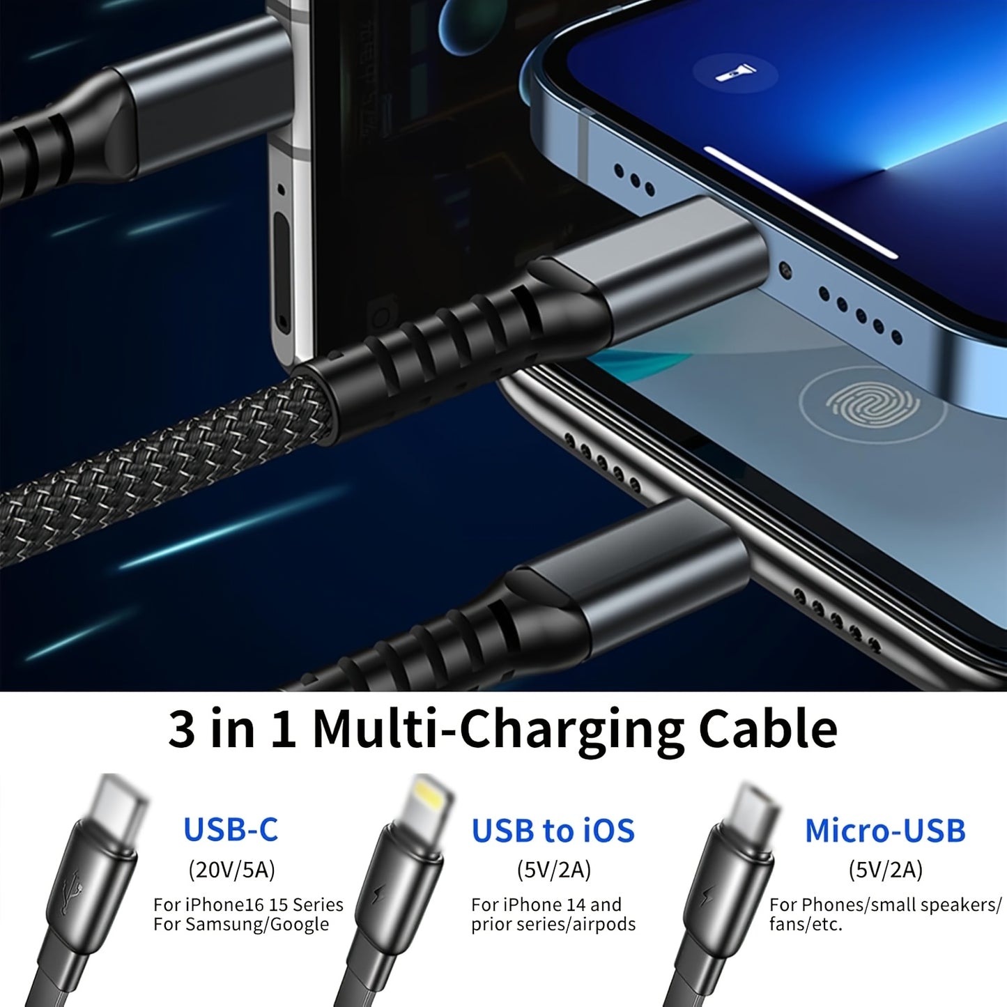 3-in-1 multi-charging cable with smartphone connection on a dark background