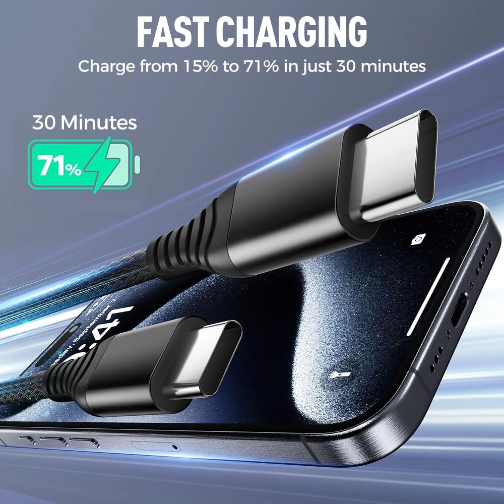Fast charging cable with smartphone, showing charging progress on a blue gradient background.