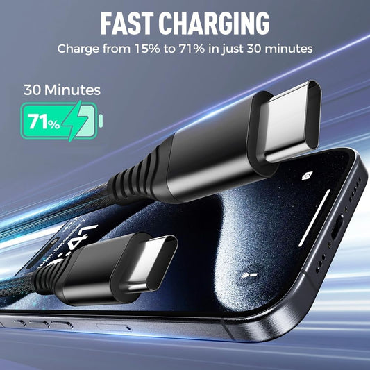 Fast charging cable with smartphone, showing charging progress on a blue gradient background.