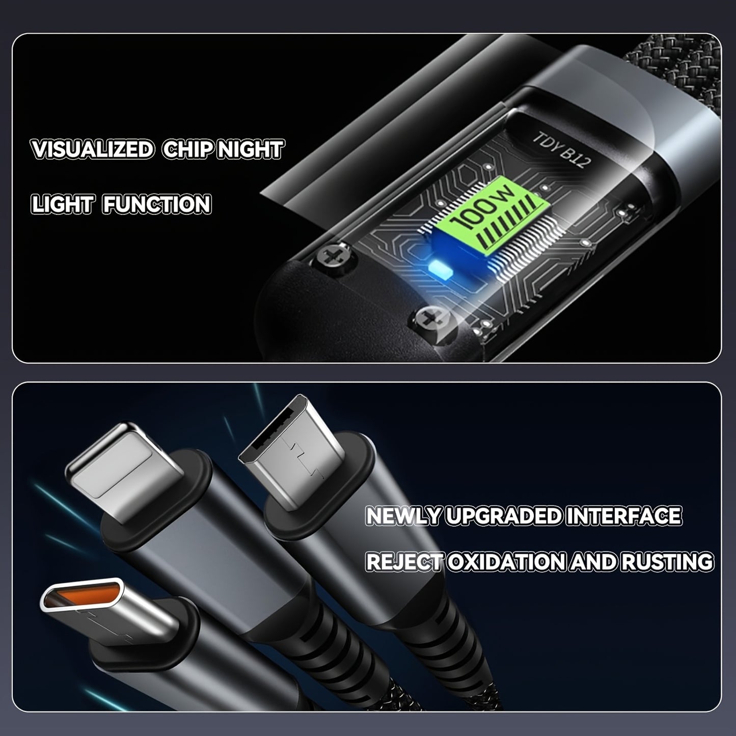 Close-up of electronic components with text highlighting visualized chip night light function and newly upgraded interface.