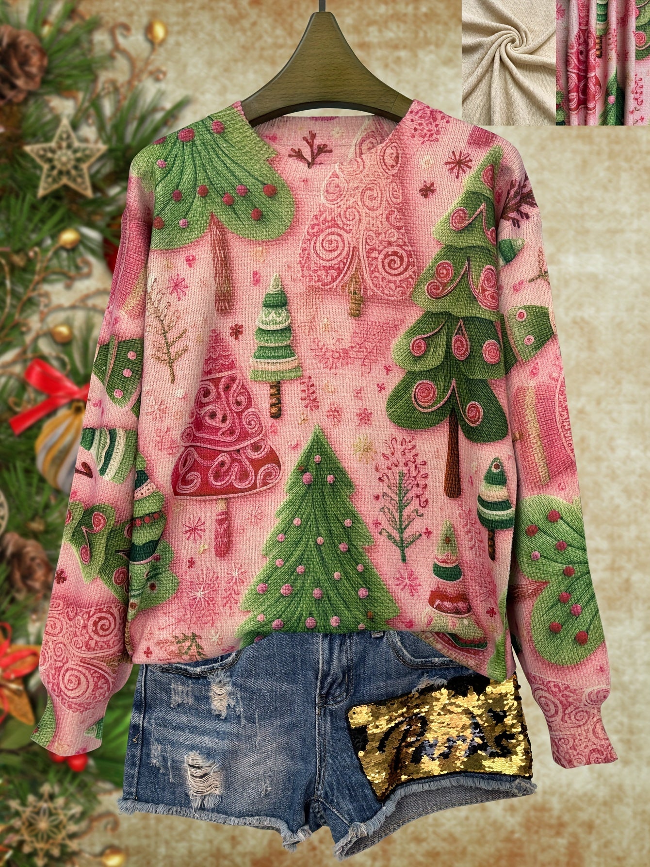 Colorful sweater with pink and green Christmas tree pattern on a hanger against a festive background