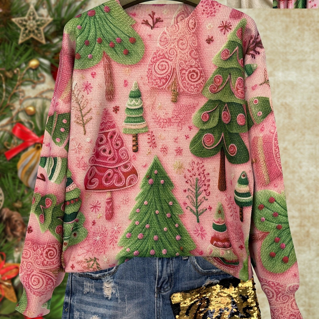 Person wearing a festive sweater with Christmas tree patterns in front of a decorated Christmas tree.