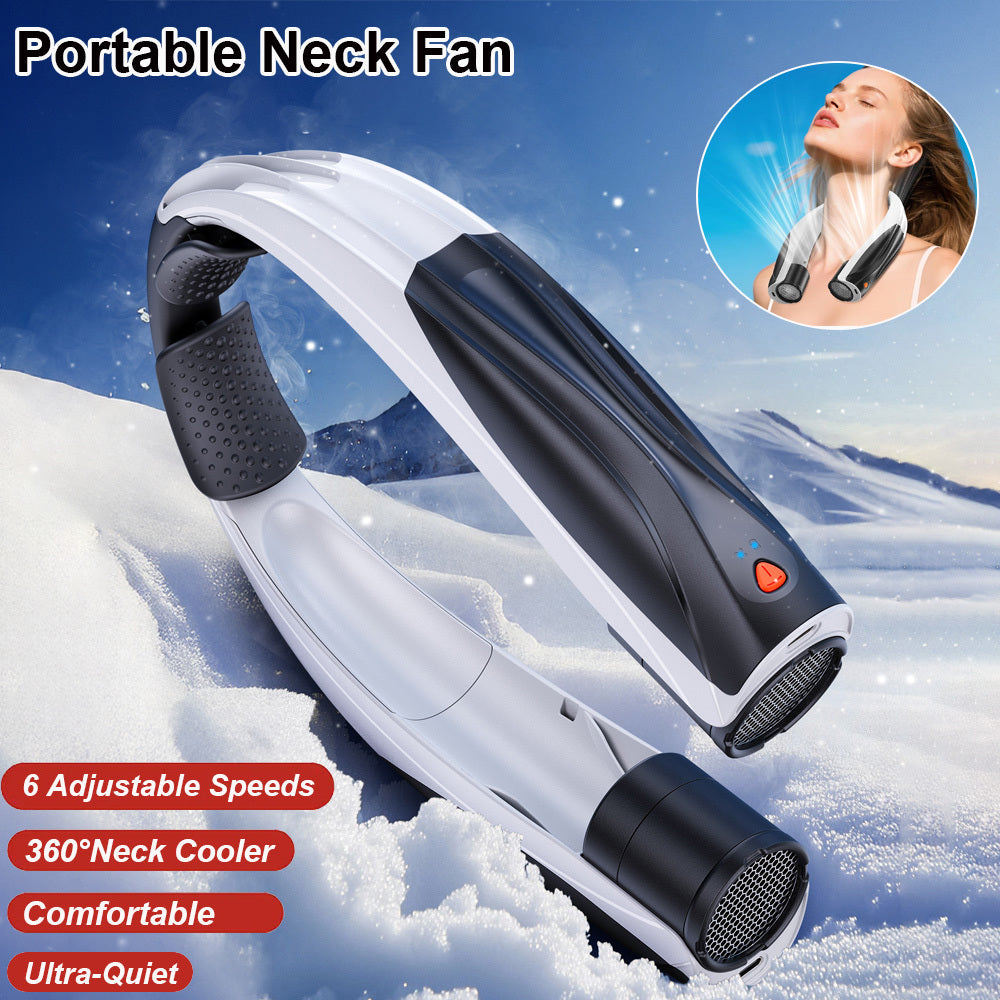 Lightweight and portable neck fan folded for travel or storage – compact design.
