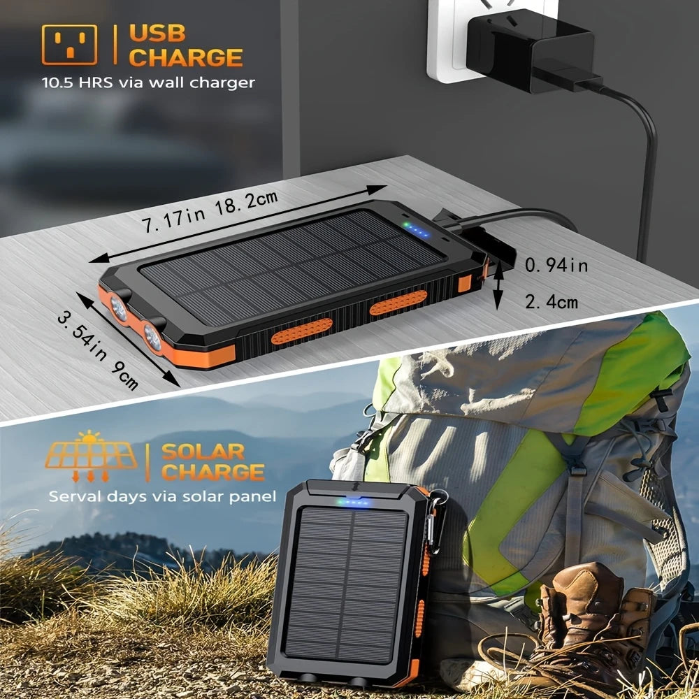 2 ways to charge power bank. By the sun and by the sb cord to the wall.