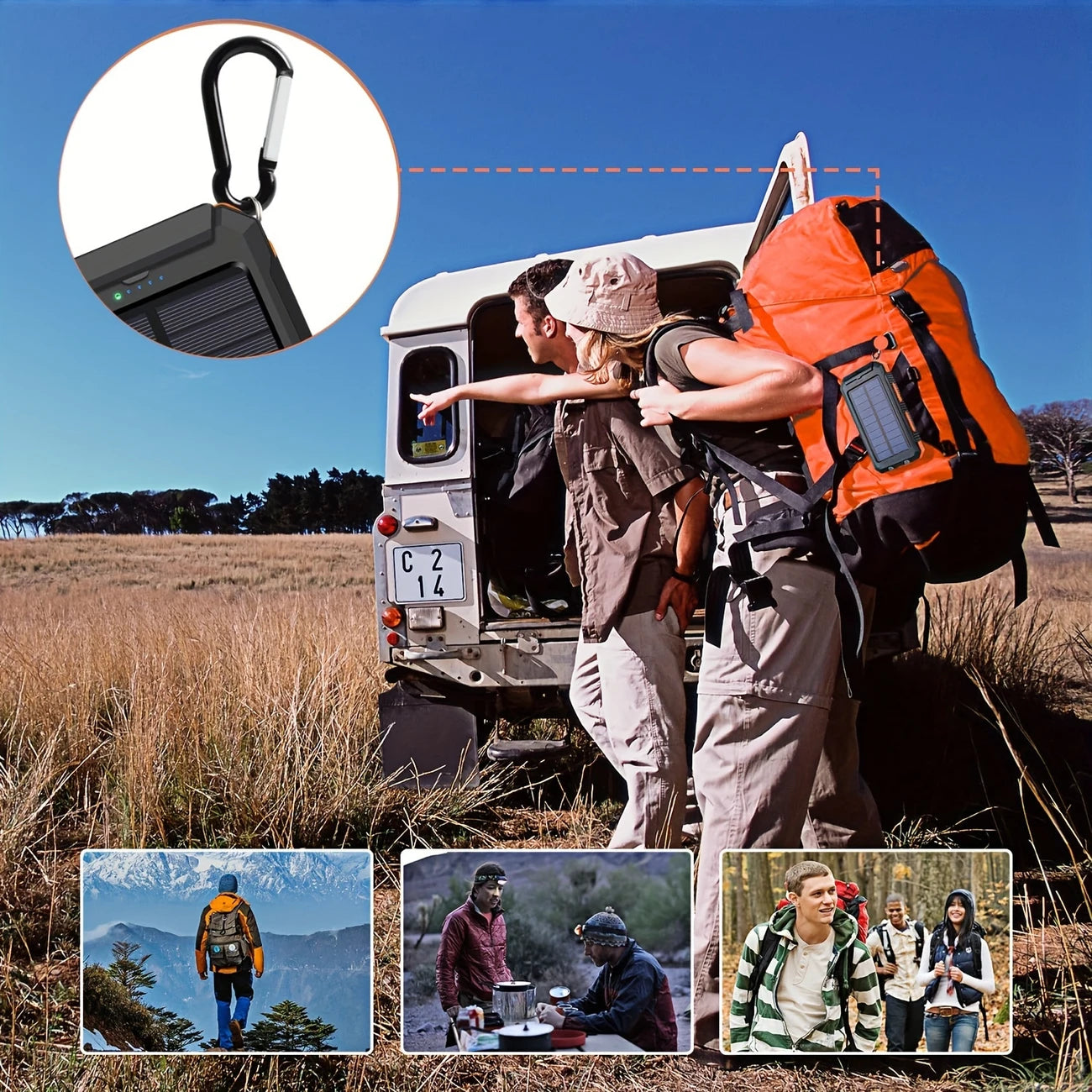 outdoor solar battery pack. great for hiking, camping, and backpacking. Easily clip to backpack.