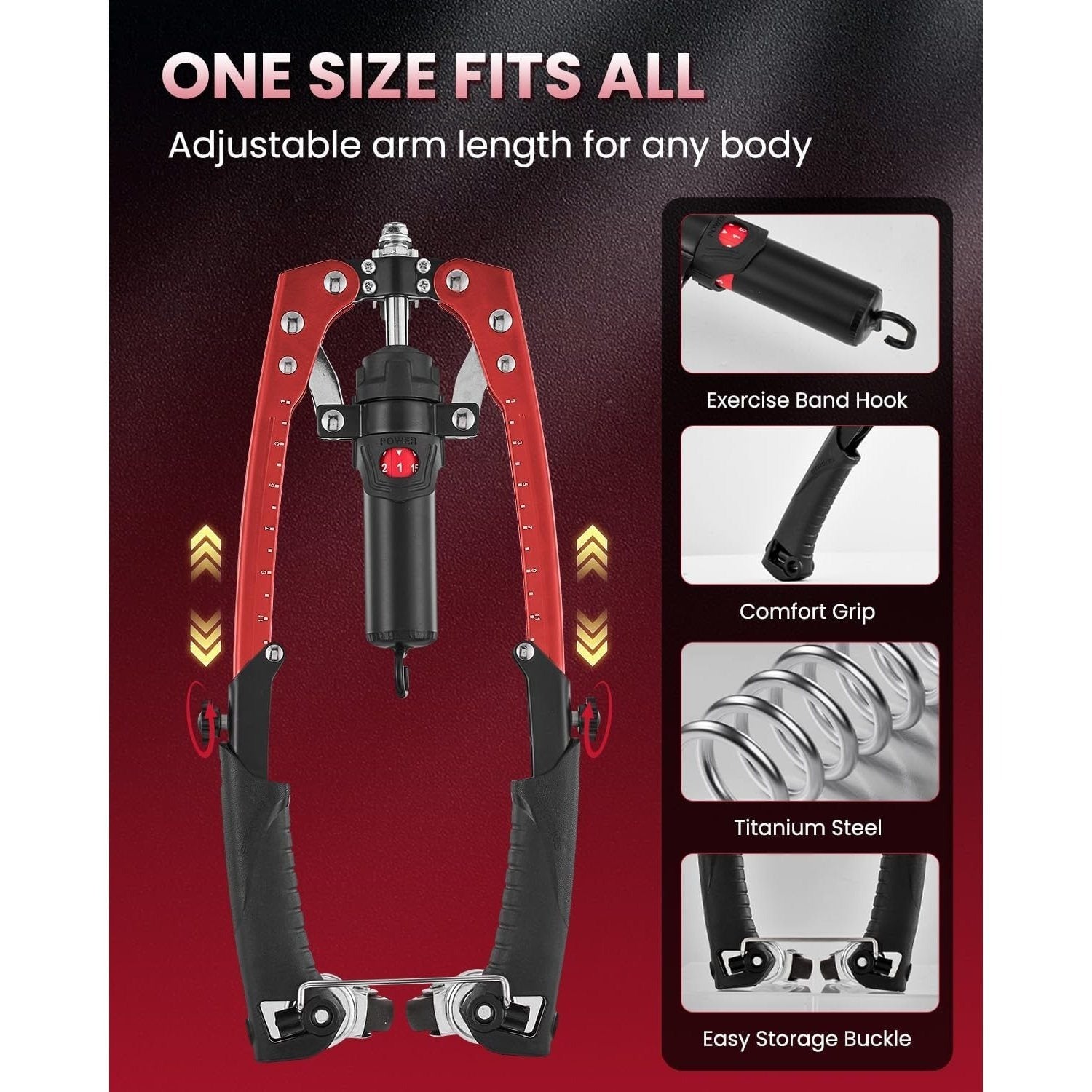 Adjustable arm length tool with features highlighted on a red and black background