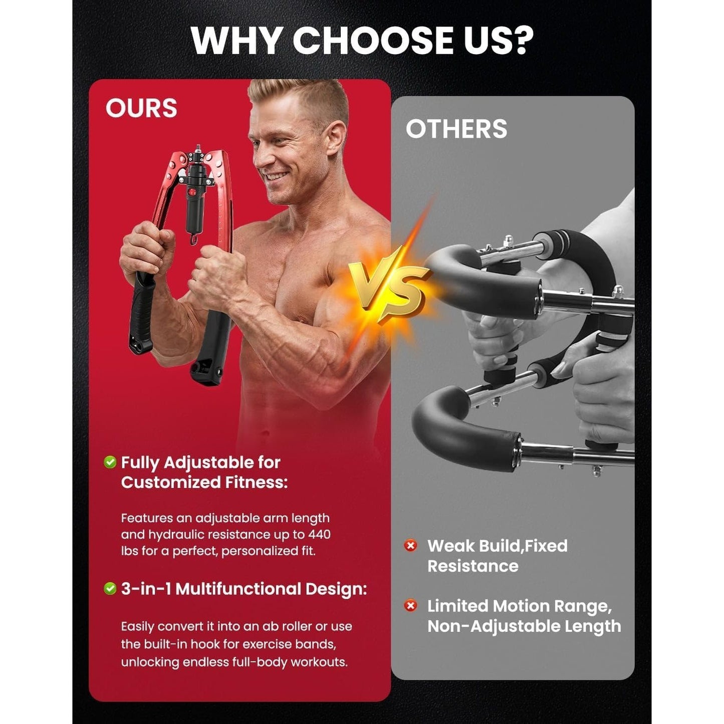 Comparison advertisement showing a man using a fitness device with text highlighting features.