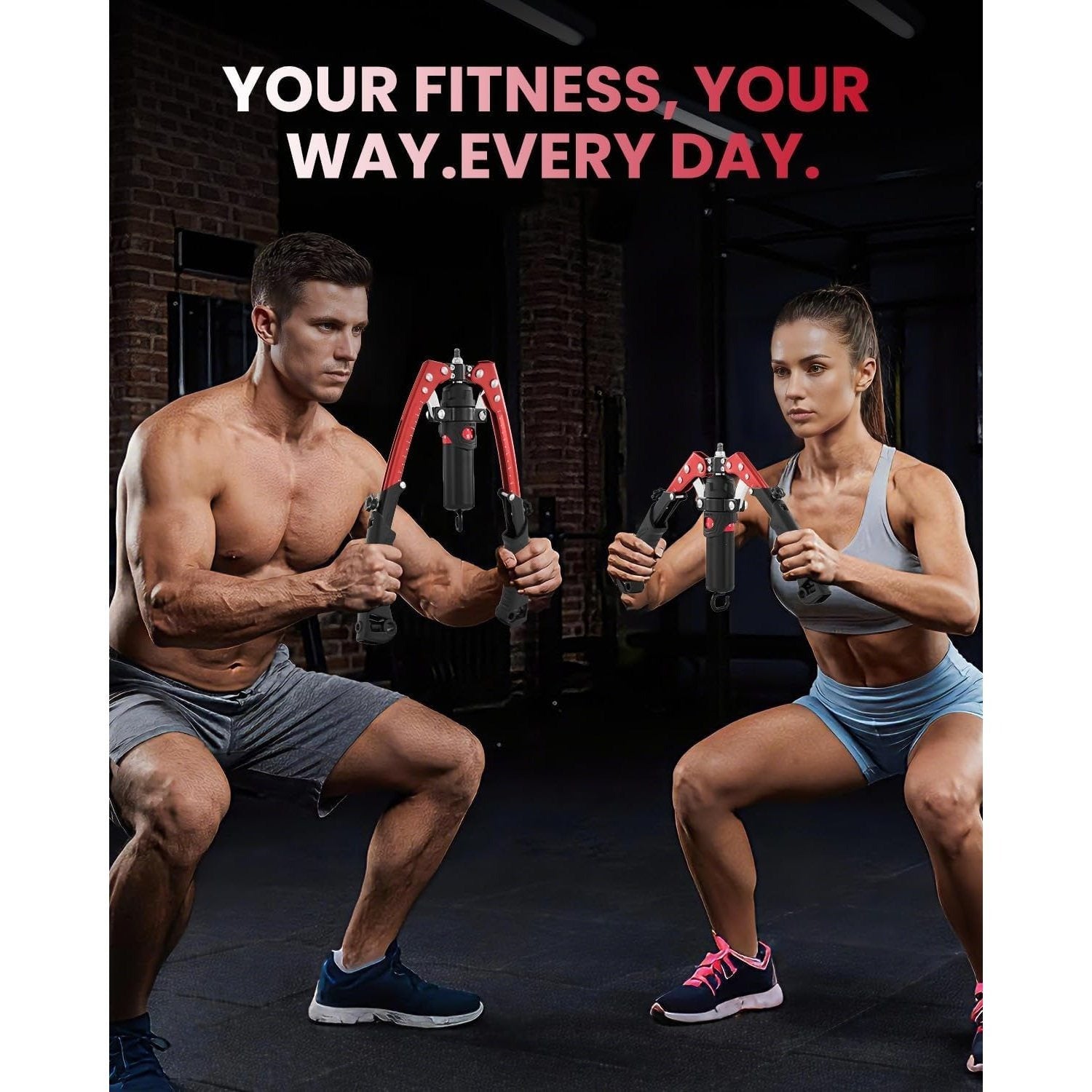 Two people using resistance training equipment with text 'Your Fitness, Your Way, Every Day' on a dark background.