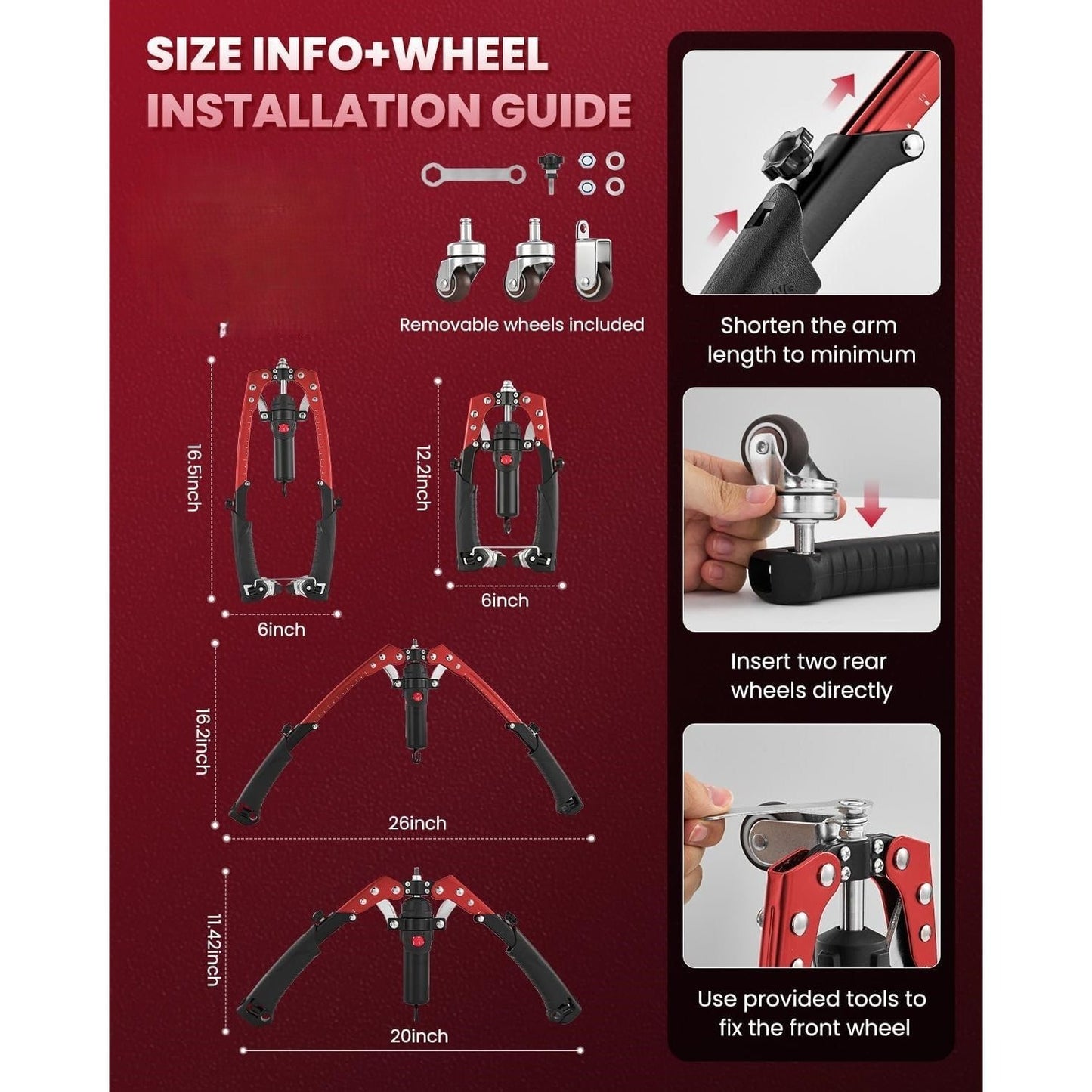 Installation guide for bicycle wheels with dimensions and assembly instructions on a red background.
