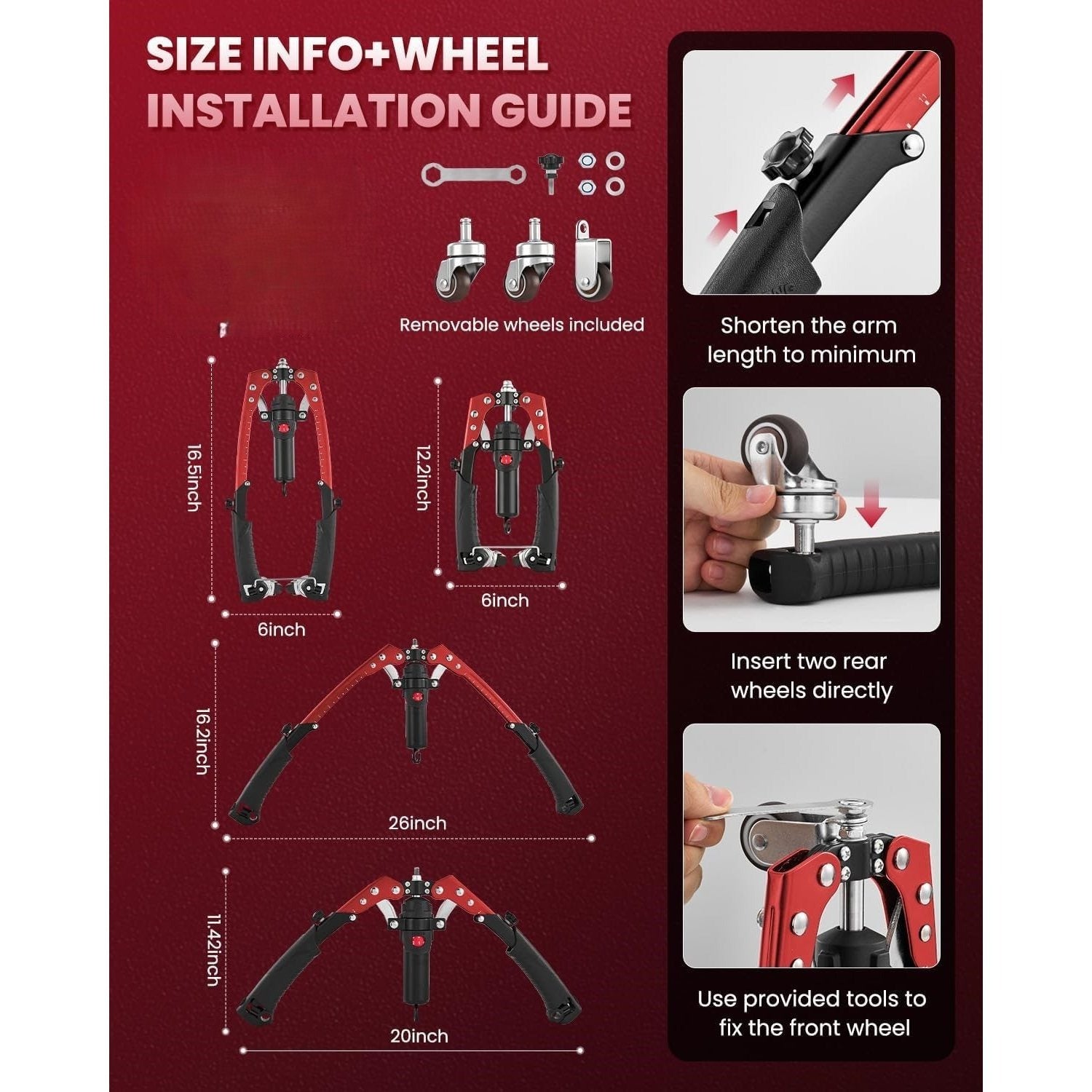 Installation guide for bicycle wheels with dimensions and assembly instructions on a red background.