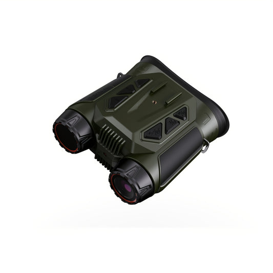 Green and black binoculars on a white background