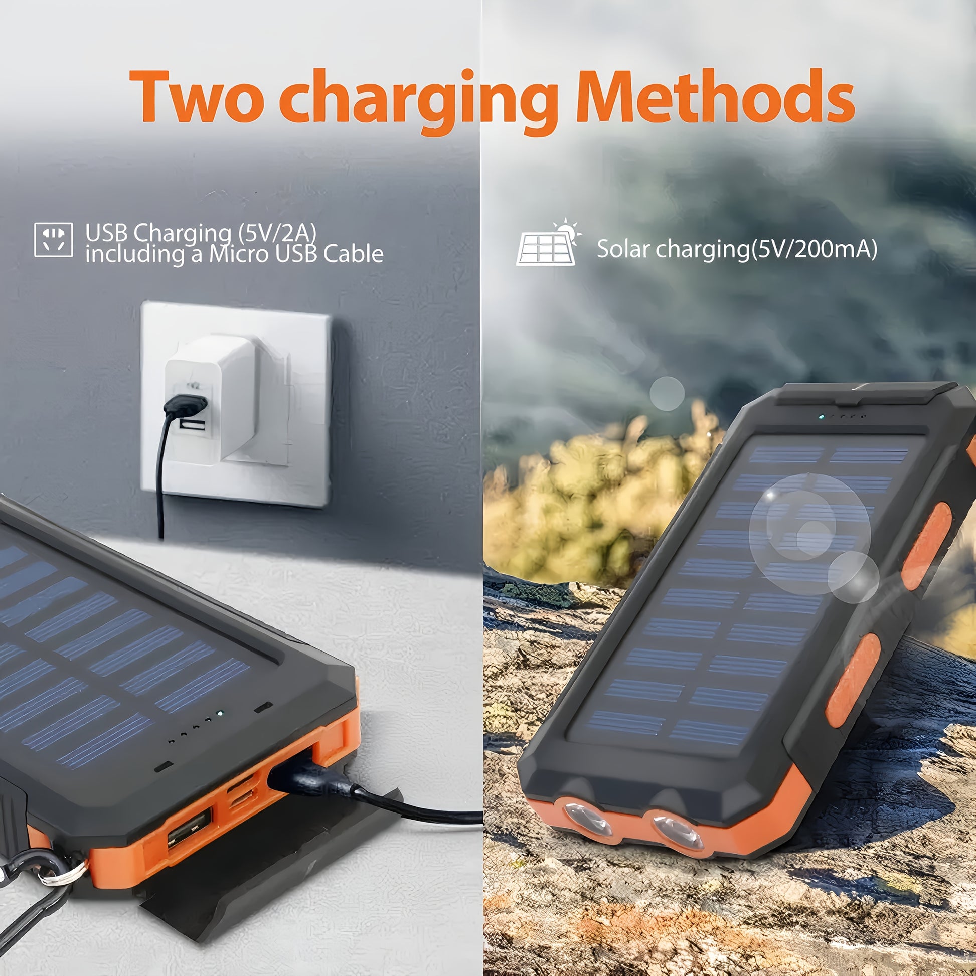 Power by sun and by USB cord to wall. Charge Block then block will charge your device when needed.